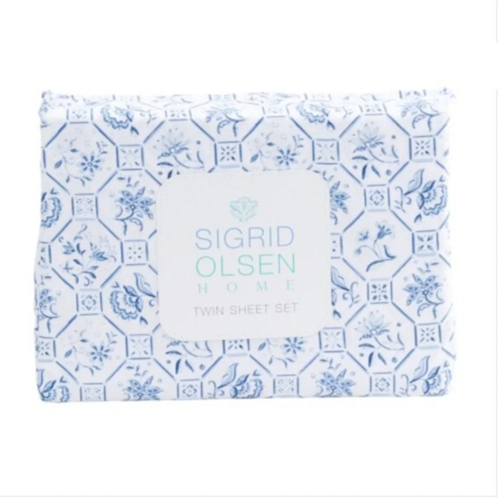 Sigrid Olsen‎ Home Queen Sheet Set Blue White Floral Tile NWT